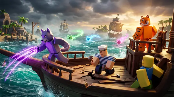 Ilustração 3D estilo Roblox de uma equipe no Blox Fruits usando Werewolf e Tiger enquanto outro jogador repara o barco.