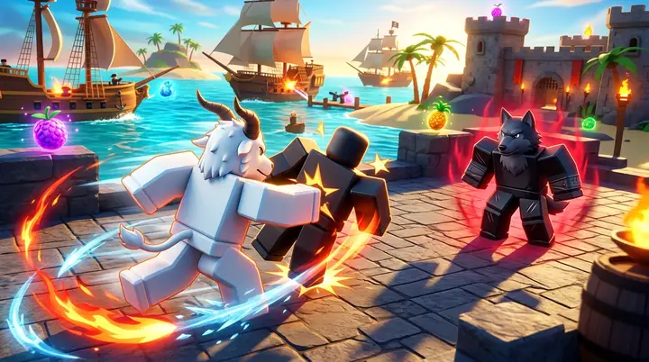 Fiend Yeti executando uma sequência de golpes enquanto Werewolf resiste dentro de uma aura de cura em cenário 3D estilo Roblox.