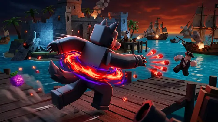 Werewolf usando projéteis, avanço e aura da Blazing Form em um forte pirata 3D estilo Roblox.