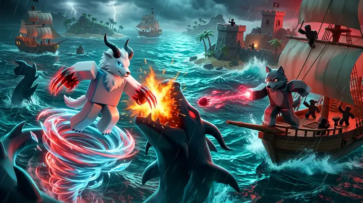 Fiend Yeti lutando sobre a água e Werewolf atacando de um navio durante Sea Event em arte 3D estilo Roblox.