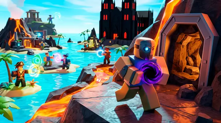 Ilustração 3D estilo Roblox de um aventureiro cybernético com um orbe escuro procurando a entrada de um laboratório numa ilha vulcânica.