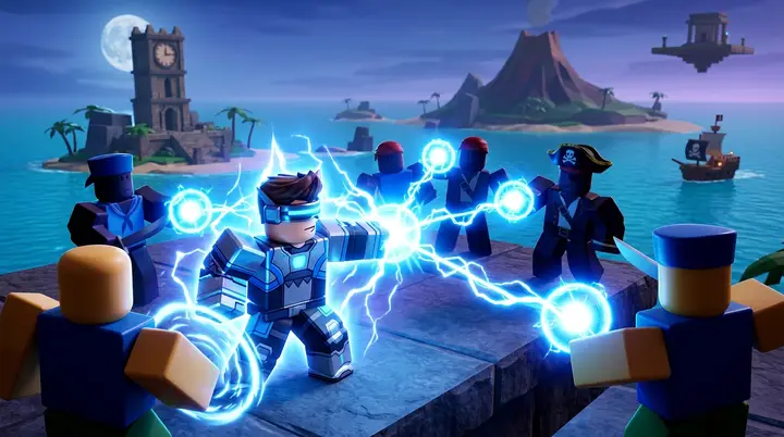 Ilustração 3D estilo Roblox de um personagem cybernético usando uma aura elétrica e orbes de energia contra vários adversários.