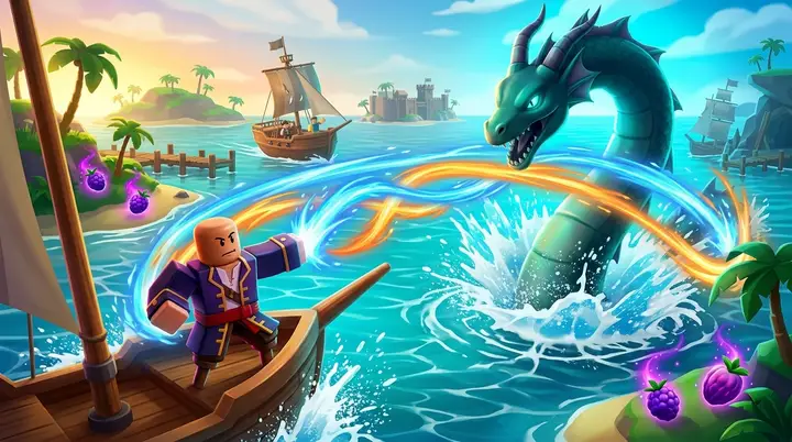 Ilustração 3D estilo Roblox de um jogador caçando Sea Beast no Second Sea para farmar Fist of Darkness.