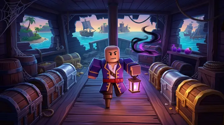 Ilustração 3D estilo Roblox de um jogador procurando Fist of Darkness entre baús no Cursed Ship.