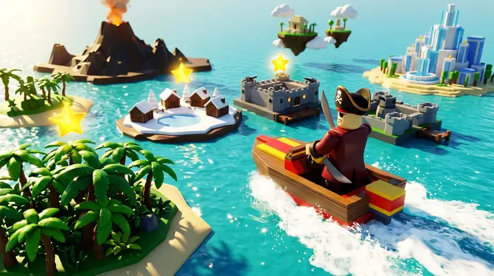 Ilustração 3D estilo Roblox de um aventureiro de Blox Fruits navegando por várias ilhas tropicais do Primeiro Mar em uma rota de secrets.