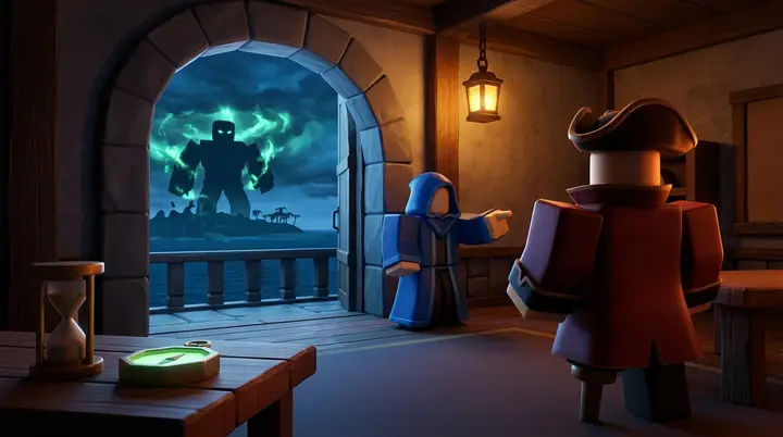 Ilustração 3D estilo Roblox do Secrets Master indicando a ilha de um Awakened Boss para um jogador de Blox Fruits em Middle Town.