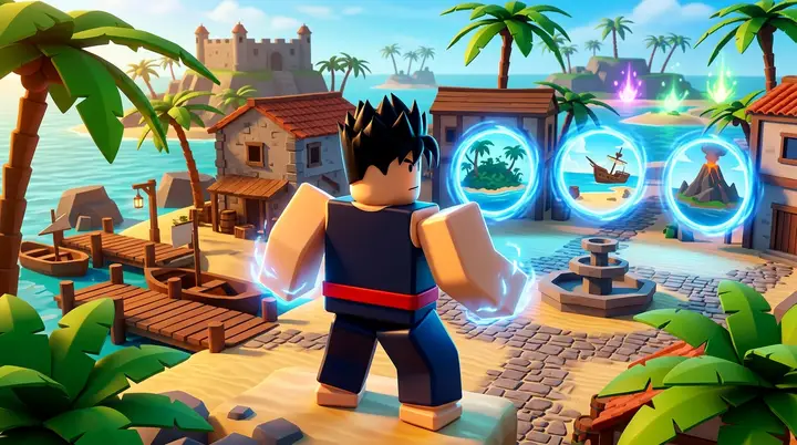 Lutador estilo Roblox diante do teletransportador azul e da fonte seca em uma cidade tropical do Blox Fruits.