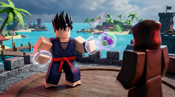 Lutador estilo Roblox recuperando o combate de mãos nuas no topo de uma prisão cercada pelo mar.