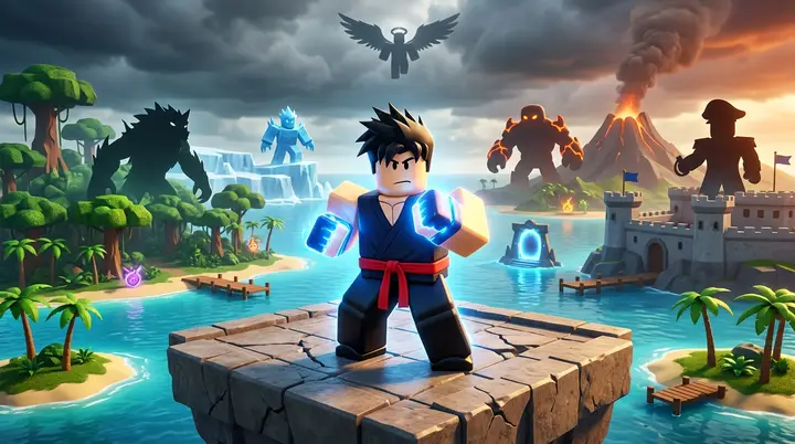 Lutador estilo Roblox cercado por silhuetas de chefes despertados em várias ilhas do Blox Fruits.
