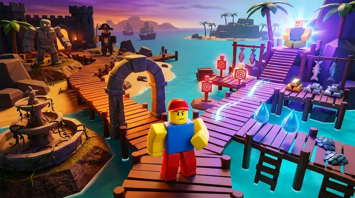 Ilustração 3D estilo Roblox de um lutador escolhendo entre a rota dos segredos do Advanced Combat e o grind de materiais do Godhuman em ilhas tropicais.