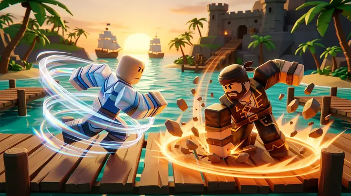 Ilustração 3D estilo Roblox de Godhuman desviando de um golpe Ground Breaker do Advanced Combat em uma arena de ilha pirata.