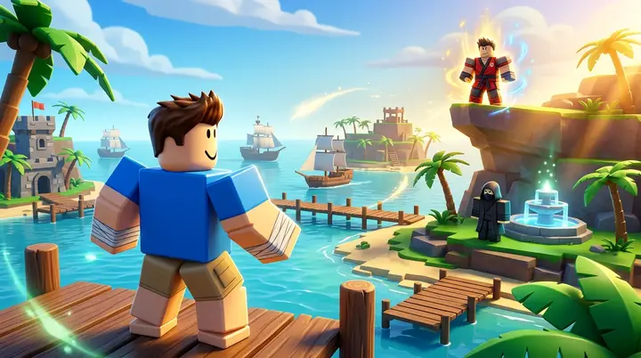 Ilustração 3D estilo Roblox de um jogador do First Sea observando duas rotas de progressão para Advanced Combat e Godhuman.