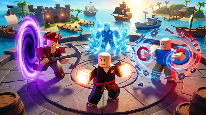 Ilustração 3D estilo Roblox comparando um lutador de Portal, um usuário de Ice e um usuário de Magnet ao redor de um mestre de Advanced Combat em uma arena tropical.