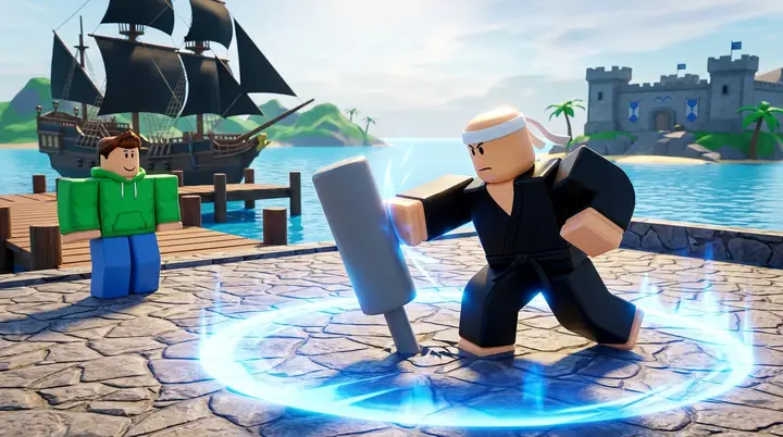 Ilustração 3D estilo Roblox de um lutador treinando o golpe Ground Breaker do Advanced Combat contra um boneco em uma arena costeira.