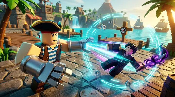 Ilustração 3D estilo Roblox de Magnet no PvP, com um jogador desviando da gaiola magnética enquanto um Training Dummy fica ao fundo.
