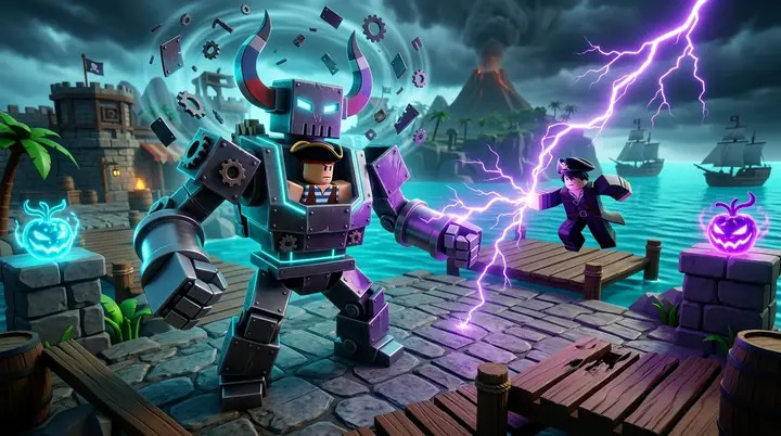 Ilustração 3D estilo Roblox da transformação Maximum Overdrive da Magnet enfrentando um rival com poder de raio em uma ilha tropical.