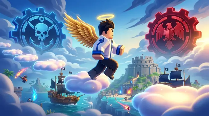 Ilustração conceitual da Angel V4 saltando entre plataformas de nuvens no Trial of the King.