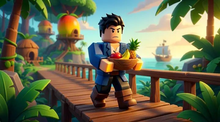 Ilustração de aventureiro Roblox transportando uma tigela de frutas para a missão de Instinct V2 no Blox Fruits.