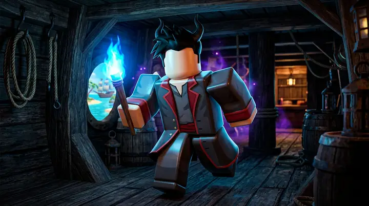 Ilustração da obtenção da raça Ghoul no Blox Fruits, com um avatar e uma tocha azul no interior de um navio.