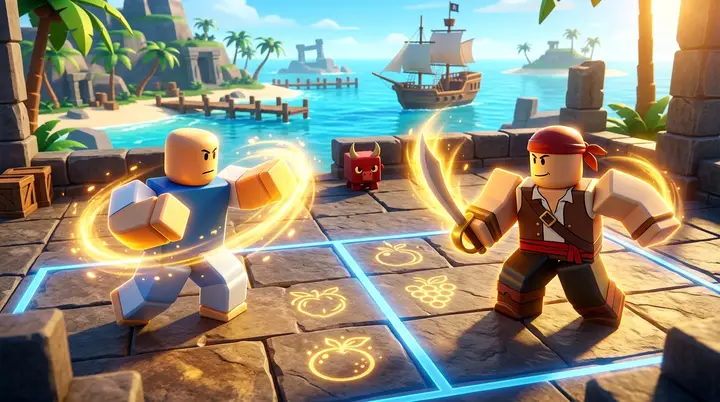 Ilustração conceitual de Blox Fruits comparando um lutador de punhos com um espadachim sob brilho dourado.