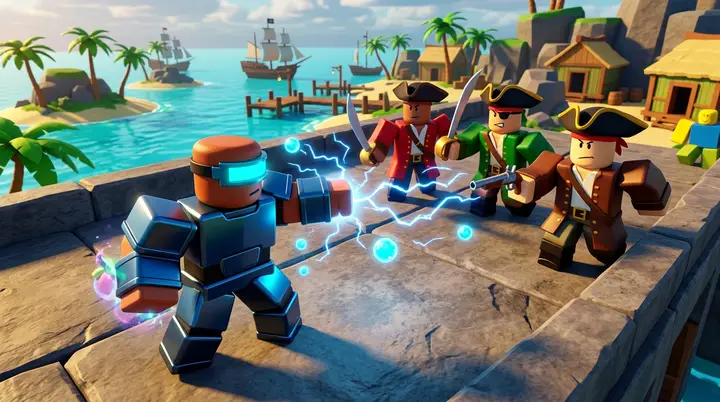 Ilustração conceitual de Cyborg em Blox Fruits enfrentando um grupo de inimigos próximos numa arena.