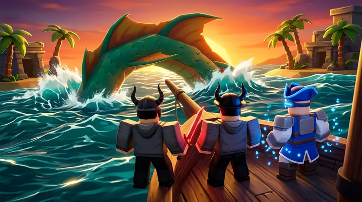 Ilustração conceitual de Blox Fruits com dois jogadores num barco diante de uma grande criatura marinha.