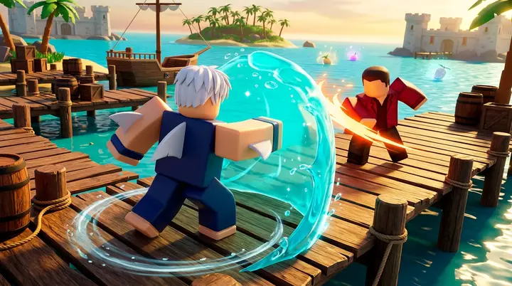 Ilustração conceitual da Shark em Blox Fruits usando uma barreira aquática durante um duelo.
