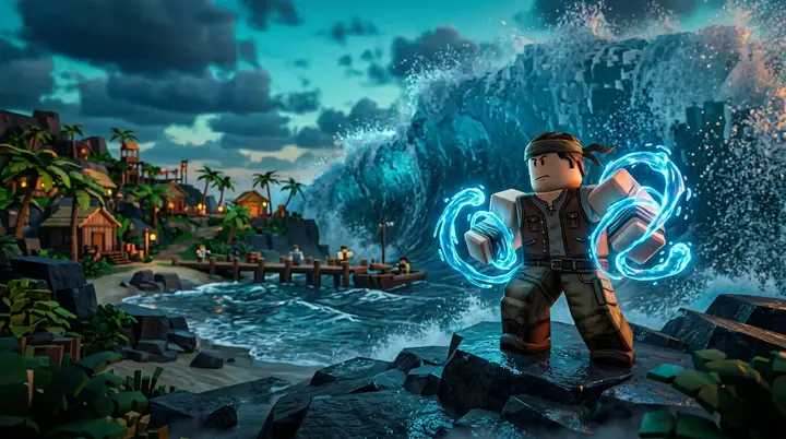 Ilustração de um aventureiro com golpes de água diante do mar, representando o desafio para obter Sharkman Karate.