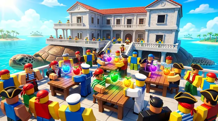 Jogadores fazendo trade nas três mesas da Mansion, no Sea 3 do Blox Fruits