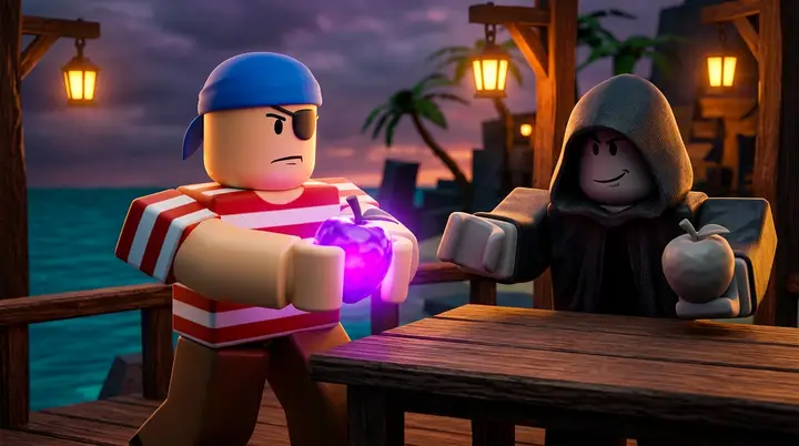 Jogador do Blox Fruits recusando uma troca suspeita na mesa de trade