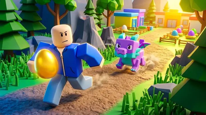 Ilustração conceitual de avatar carregando um ovo até a base por um corredor de biomas no Steal an Egg.