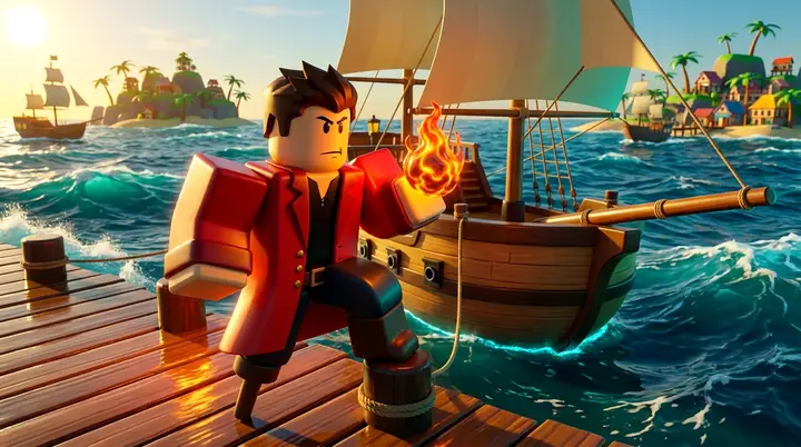 Ilustração 3D estilo Roblox de um pirata com poder de Magma preparando um barco para Sea Events no Blox Fruits.