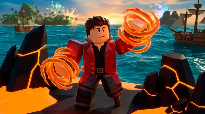 Ilustração 3D estilo Roblox de um pirata cercado por energia de Magma em uma costa vulcânica no Blox Fruits.