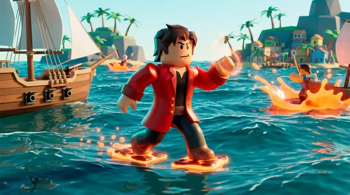 Ilustração 3D estilo Roblox de Magma criando apoio na superfície da água durante Sea Events no Blox Fruits.