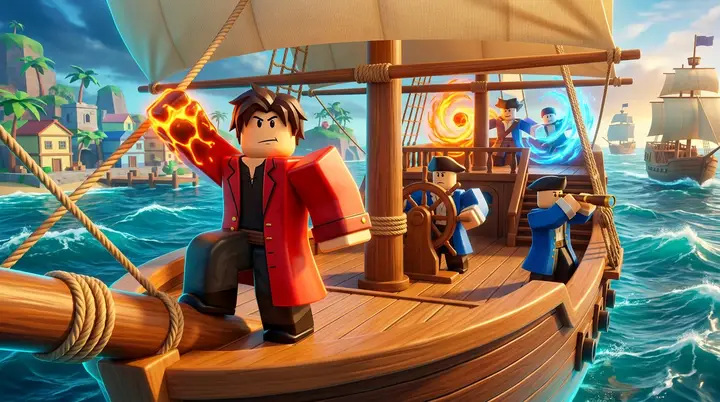 Ilustração 3D estilo Roblox de uma tripulação com Magma preparando a saída de barco para Sea Events no Blox Fruits.