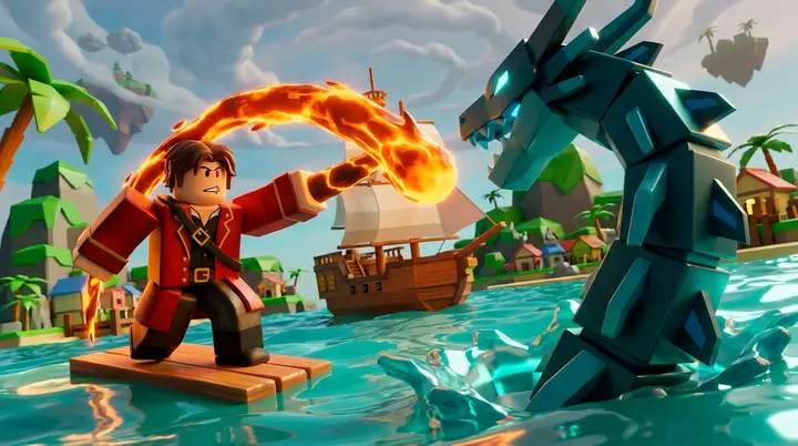 Ilustração 3D estilo Roblox de um pirata usando Magma contra uma criatura marinha longe do barco no Blox Fruits.