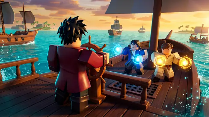 Ilustração conceitual em estilo Roblox de um grupo preparando a caçada da Shark Anchor em um navio no Blox Fruits.