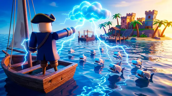 Ilustração de um avatar com poderes elétricos da Lightning enfrentando peixes no mar em um barco de aventura.