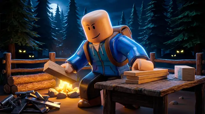 Ilustração de um personagem estilo Roblox separando madeira e sucata perto da Bancada e da fogueira do 99 Noites na Floresta.