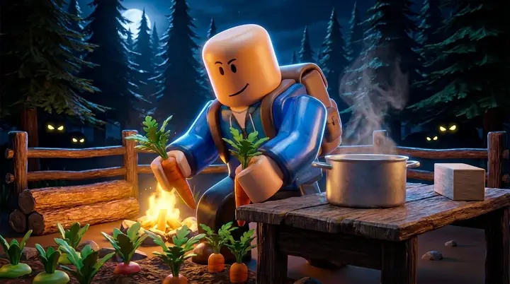 Ilustração de cultivo e preparo de comida em um acampamento estilo Roblox, representando as prioridades da Bancada no 99 Noites na Floresta.
