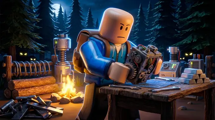 Ilustração conceitual de um personagem planejando uma construção avançada da Bancada em um acampamento do 99 Noites na Floresta.