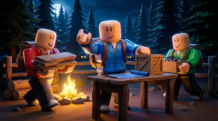 Ilustração de três personagens estilo Roblox organizando recursos e escolhendo uma construção para o acampamento do 99 Noites na Floresta.
