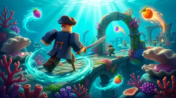 Ilustração conceitual da exploração de Submerged Island no Blox Fruits, com aventureiro em ponte de pedra entre corais e conchas gigantes.