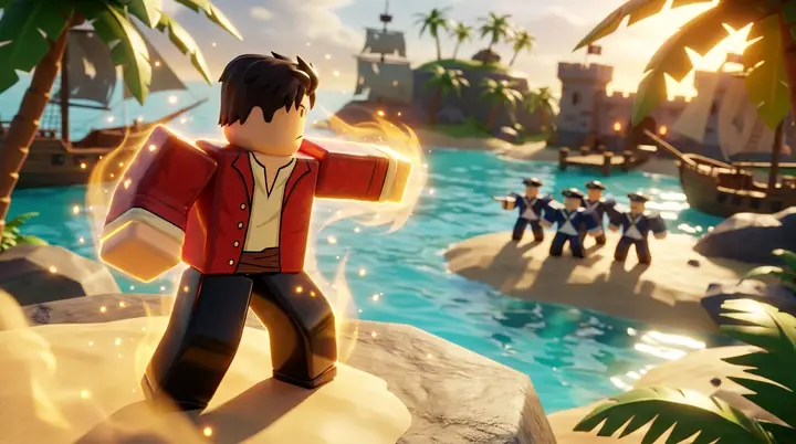 Ilustração de farm em Blox Fruits com um pirata blocky atacando com os punhos em uma ilha tropical.