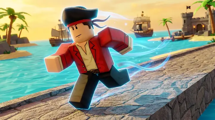 Ilustração de mobilidade em Blox Fruits com um pirata blocky avançando por um caminho costeiro e rastros azuis de movimento.