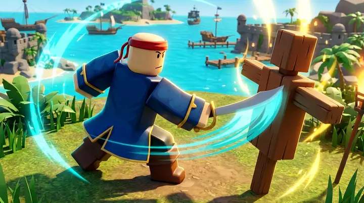 Ilustração conceitual do treino de maestria para a TTK no Blox Fruits, com um avatar praticando golpes de espada em uma ilha.