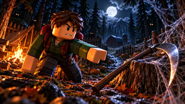 Explorador em estilo Roblox com mochila vermelha estende a mão para uma foice apoiada em um tronco, ao lado de uma fogueira, em uma floresta noturna com teias, abóboras e olhos brilhantes entre as ÁrV