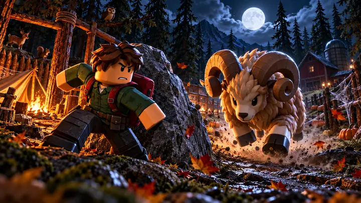 Explorador com mochila vermelha desvia ao redor de uma grande rocha enquanto um carneiro de chifres curvos avança em um acampamento na floresta iluminado pela lua e por uma fogueira.
