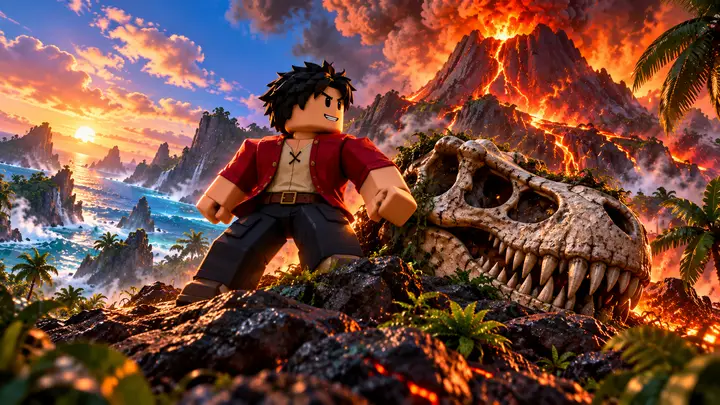 Avatar Roblox de cabelo preto e jaqueta vermelha assume postura de guarda ao lado de um grande crânio de dinossauro sobre rochas vulcânicas, com um vulcão em erupção e o oceano ao fundo.