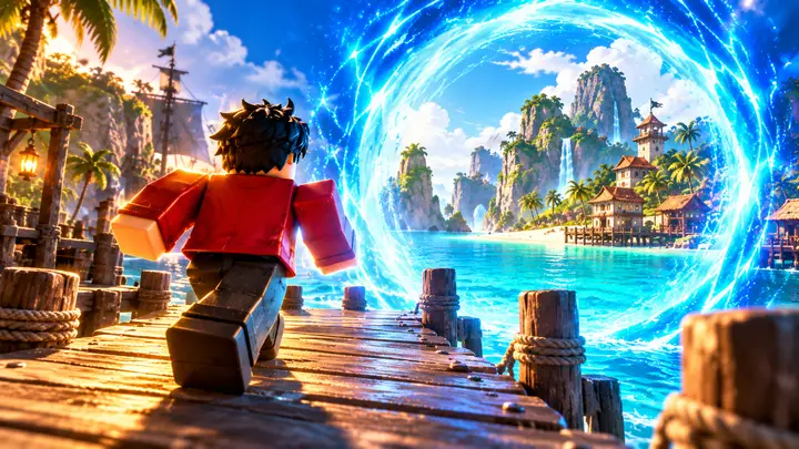 Avatar Roblox de cabelo preto, jaqueta vermelha e calças escuras avança por um cais de madeira em direção a um portal azul luminoso que emoldura uma ilha tropical com construções costeiras e cachoe ir